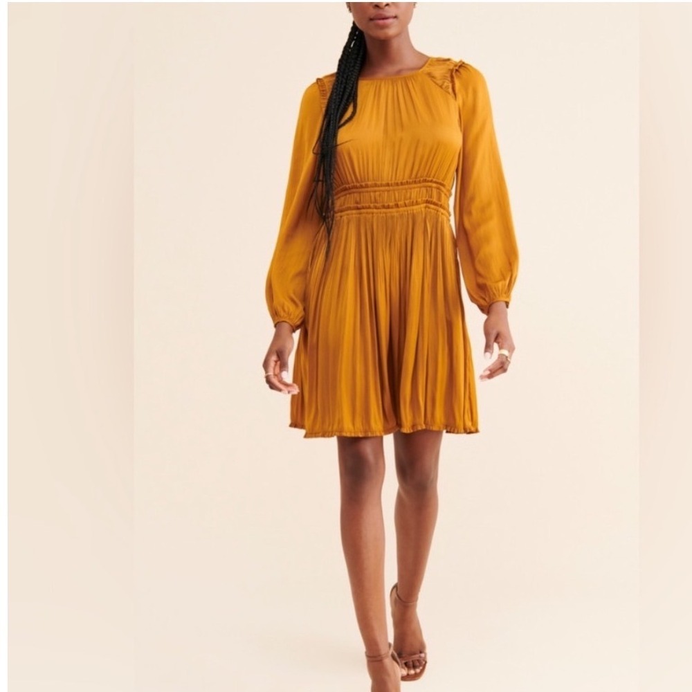 Anthropologie Maeve Saniya Mustard Yellow Pleated Smocked Mini Dress size small